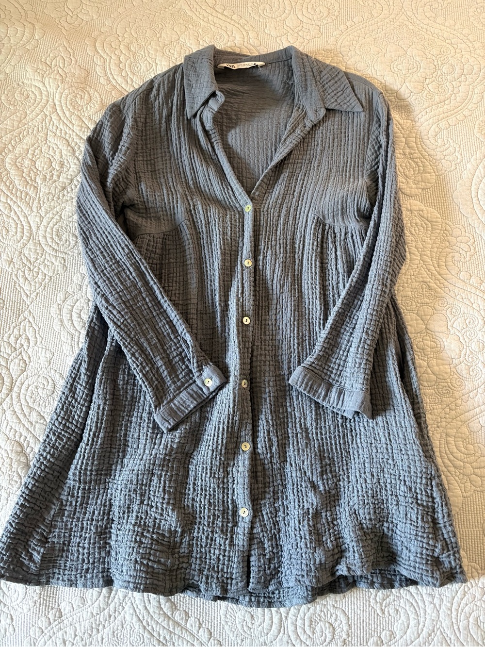 Zara Slate Blue Long-Sleeve Textured Button Dress